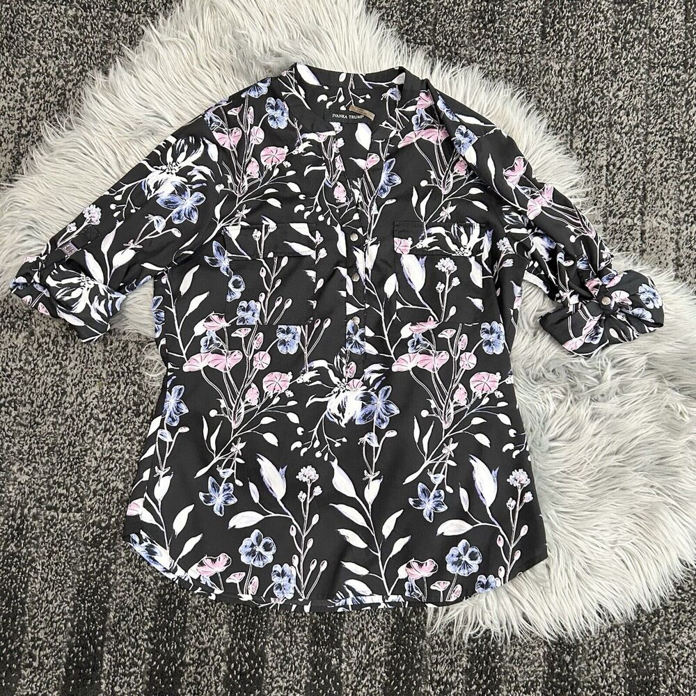 Ivanka Trump Women's Black Floral Designer Shirt Top Rolled Sleeves Med MSRP $69